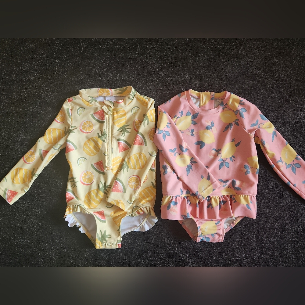 Carter's 2 Pack Girls 🍋LEMONS & TROPICAL FRUITS🍉🍍 Swim Rashguards 18MO